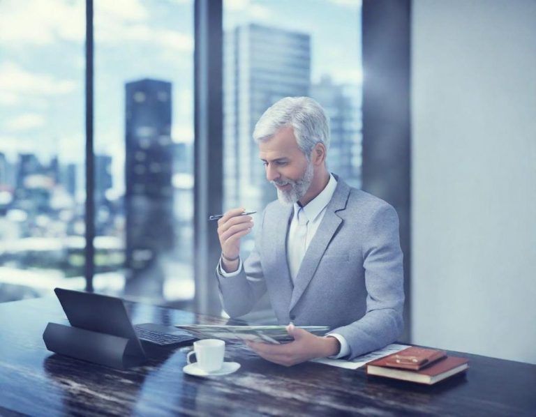 Älterer Mann in Anzug trinkt Kaffee und liest am Schreibtisch mit Laptop und Stadtblick.